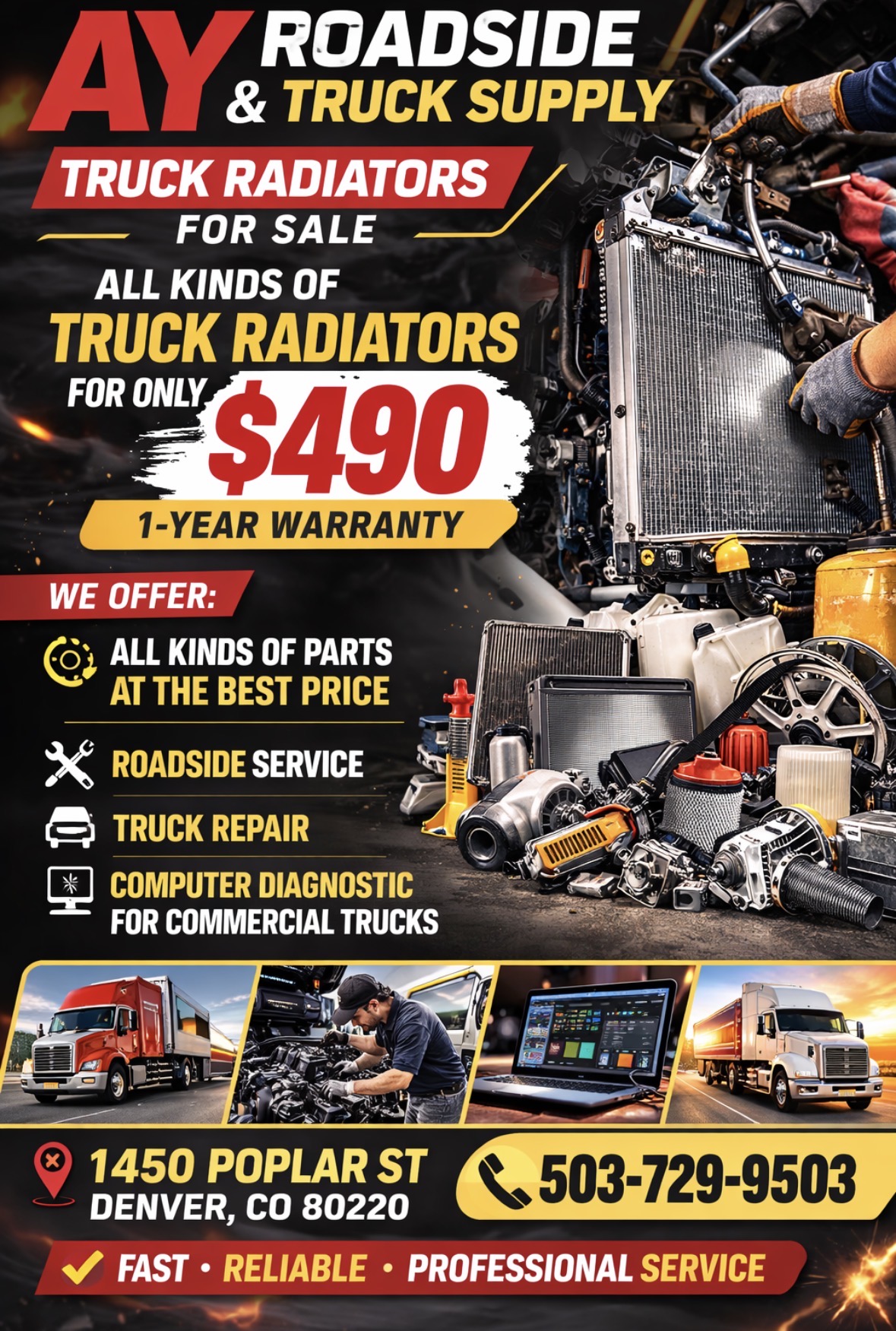 A&Y Roadside and Truck Supply flyer featuring commercial truck parts, roadside service, repairs, and diagnostics